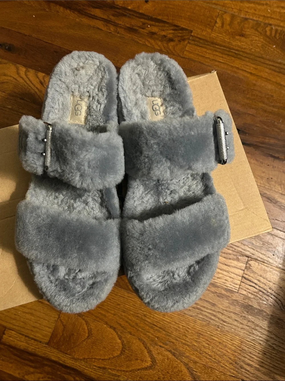 UGG Gray Fluff Double-Strap Slide Sandals with Buckle